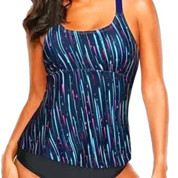 NAVY & PINK RACERBACK TANKINI SWIM TOP SIZE LARGE NWOT - Picture 2 of 8
